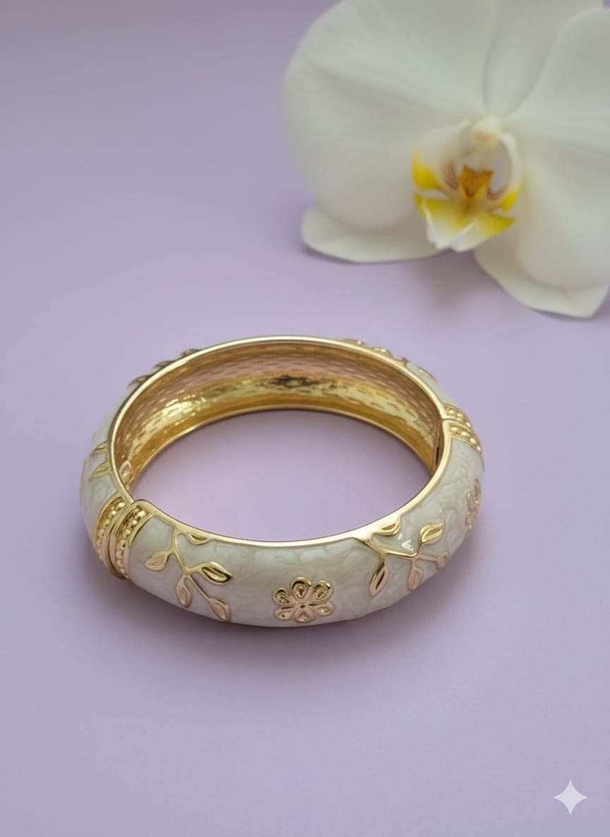 Gold-Tone Floral & Leaf White Enamel Bangle Bracelet