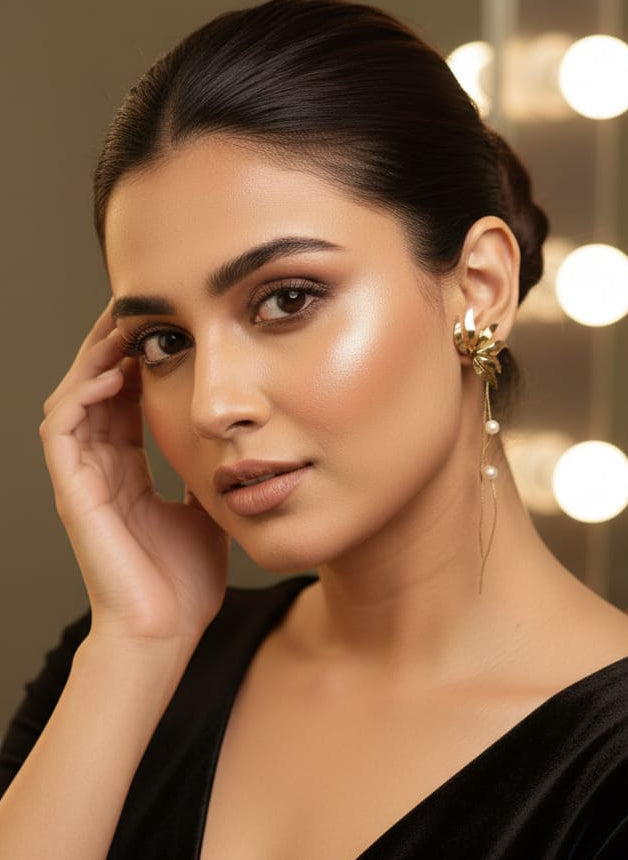 Stainless Steel Lustrous Gold Bloom & Pearl Dangle Earrings