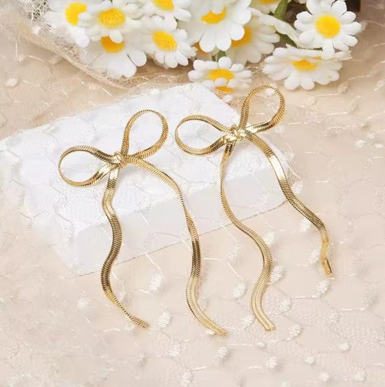 Gold Plated Stainless Steel Bow Drop Earrings