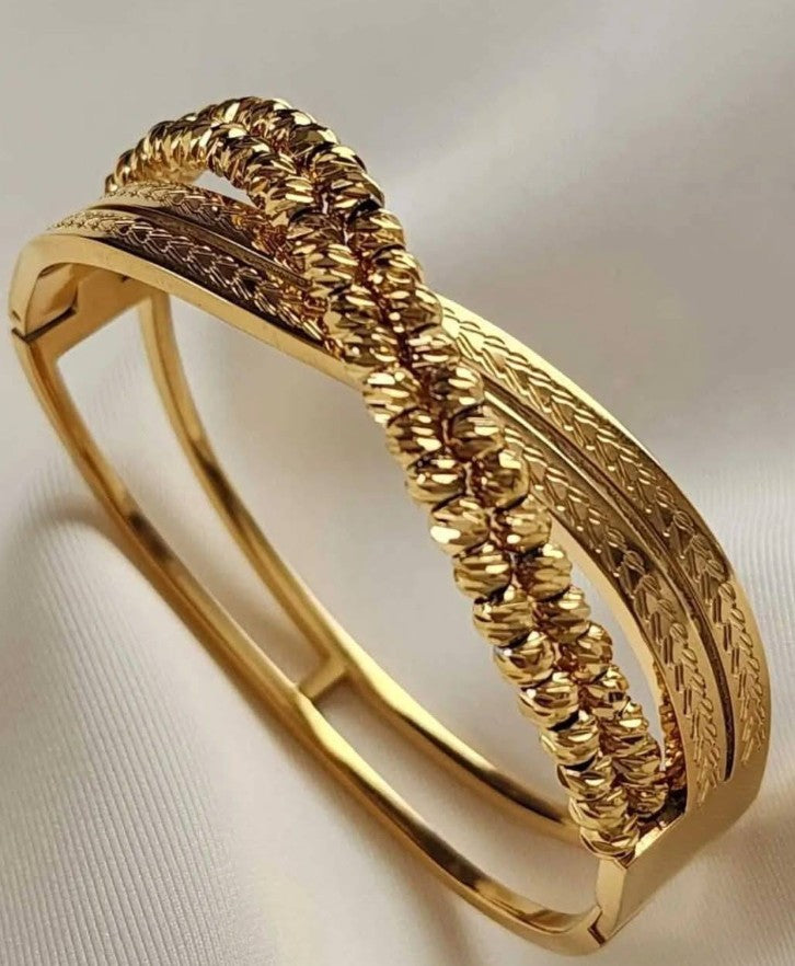 Gold plated stainless stell Twisted and Beaded Bangle Bracelet