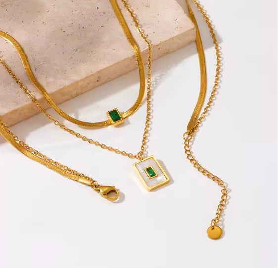 Double Layer Snake Chain Square Shell Zircon Pendant Necklace