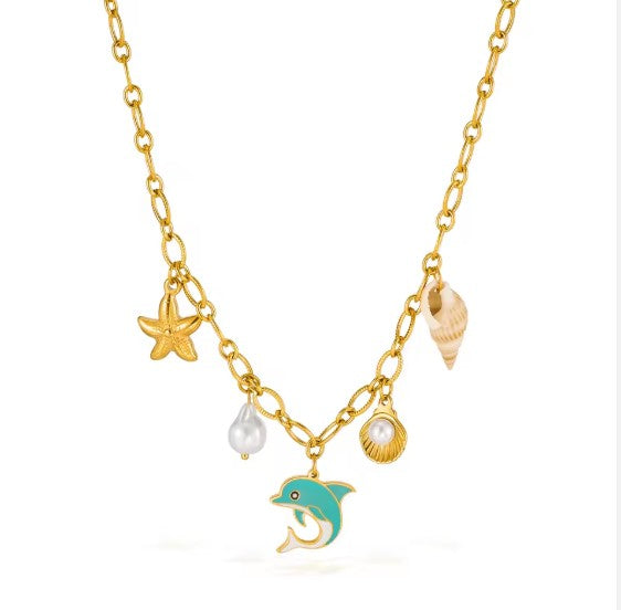 Sea-inspired Gold-tone Charm Necklace With Enamel Blue Dolphin, Starfish, Shell and Perl