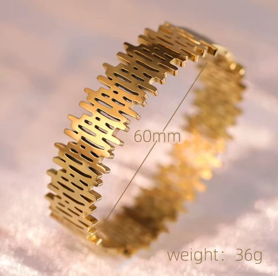 Stainless Steel Gold Plated Geometric Irregular Striped Broad Bracelet