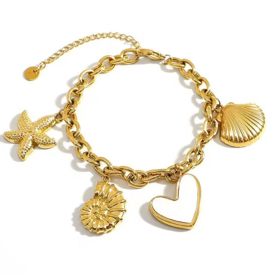 Gold plated Stainless Steel Ocean bracelet with Starfish, Shell Conch, and Heart charms on a cuban chain