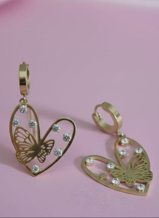 Stainless Steel Gold-Toned Heart And Butterfly Hoop Earrings.
