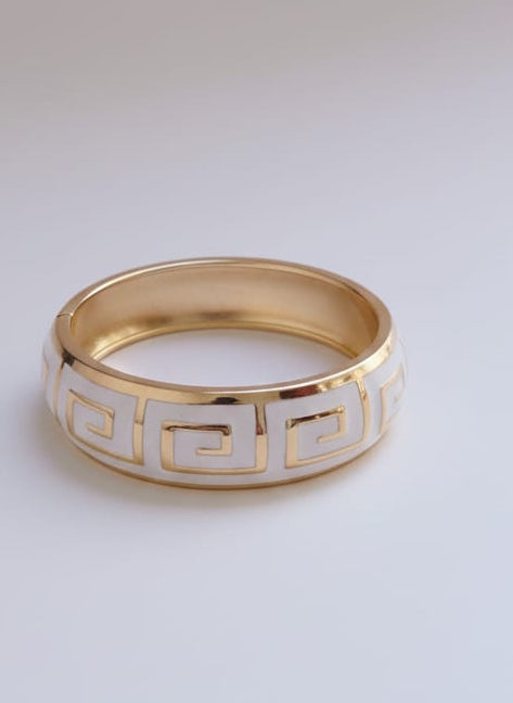 Stainless Steel Gold-Tone Greek Key White Enamel Bangle Bracelet