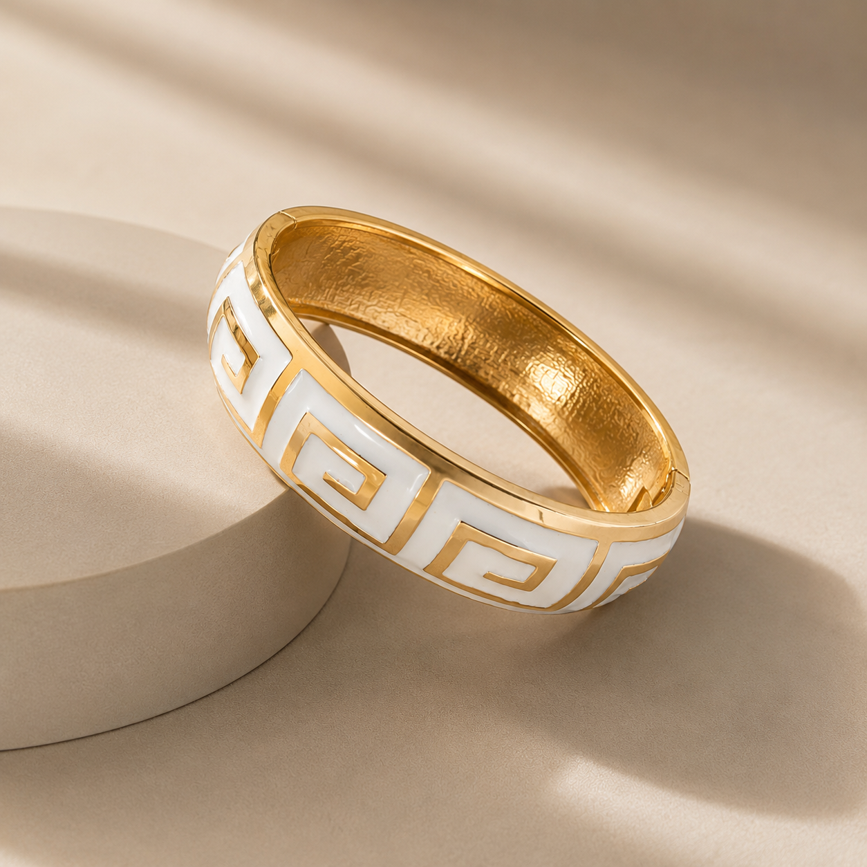 Stainless Steel Gold-Tone Greek Key White Enamel Bangle Bracelet