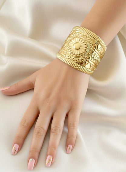 Stainless Steel Wide Gold Cuff  Bohemian Bracelet With An Embossed Medallion Pattern