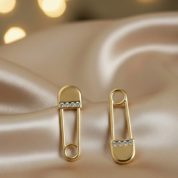 Chic Pave CZ Gold-Plated Safety Pin Earrings