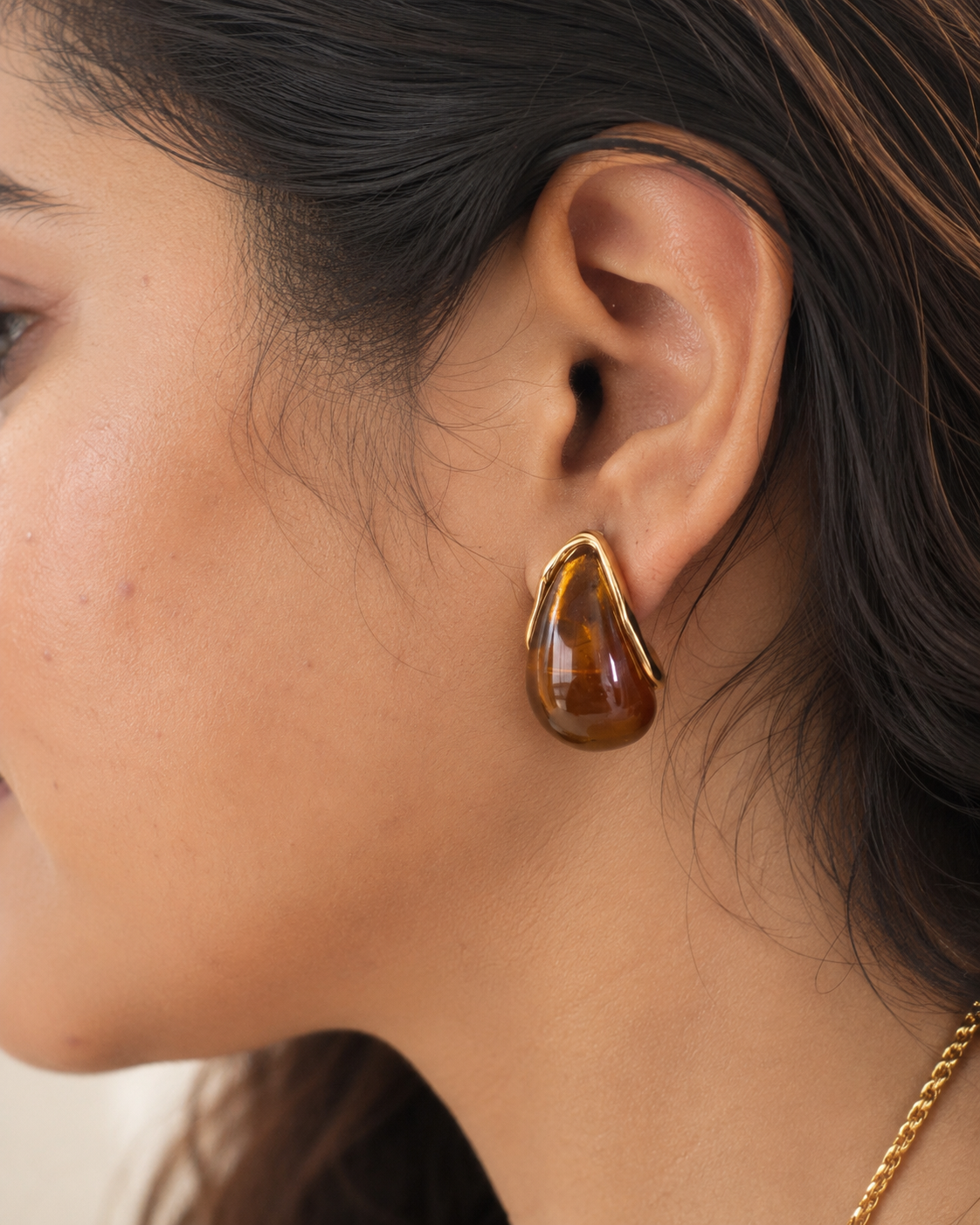 Amber Resin C-Shape Hoop Earrings | Gold Plated | Stainless Steel