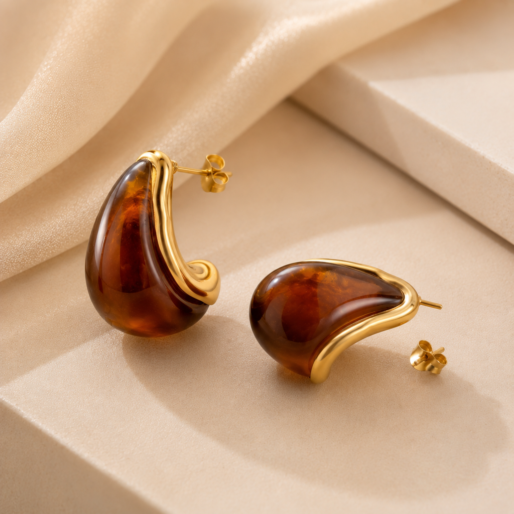 Amber Resin C-Shape Hoop Earrings | Gold Plated | Stainless Steel