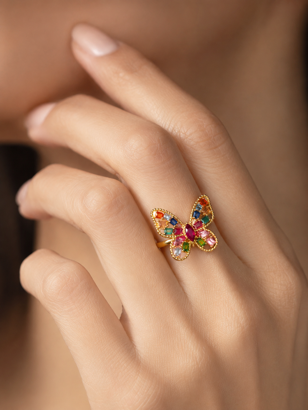 Multi-Colour Gold Plated Adjustable Butterfly Ring