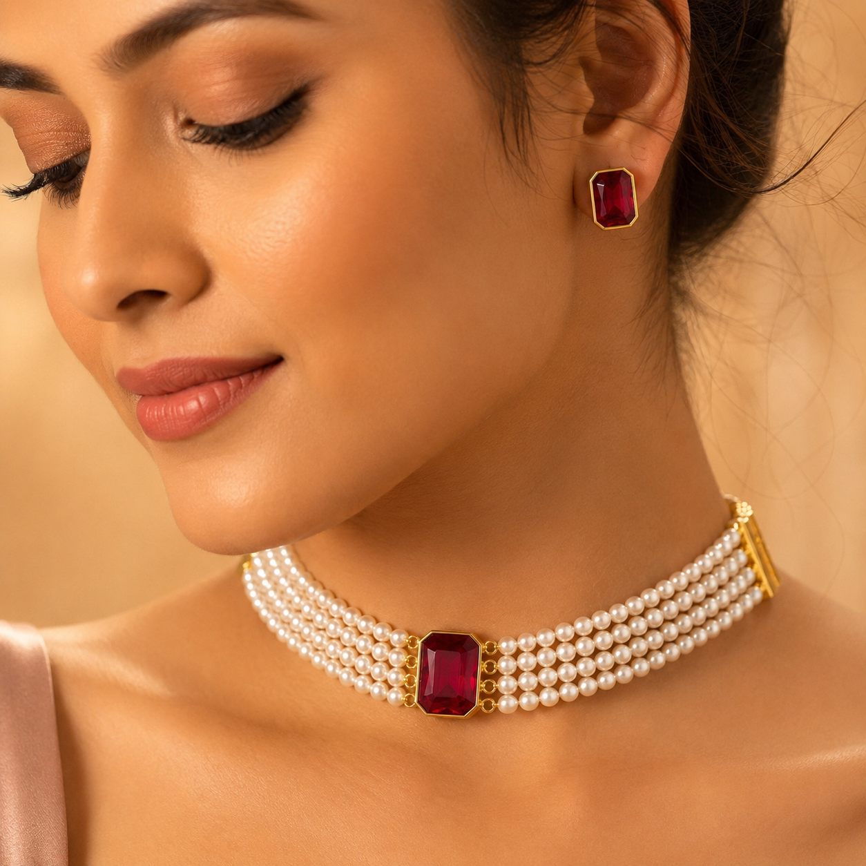 Classic Pearl Ruby Choker Set
