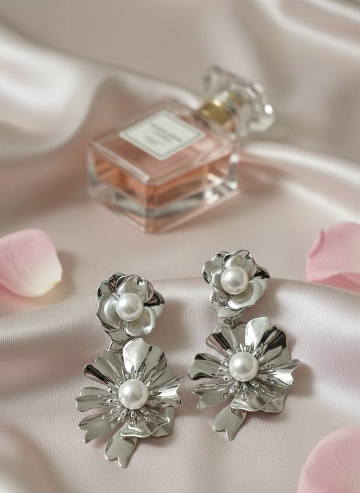 Silver Bloom Statement Earrings with Luminous Pearl Accents