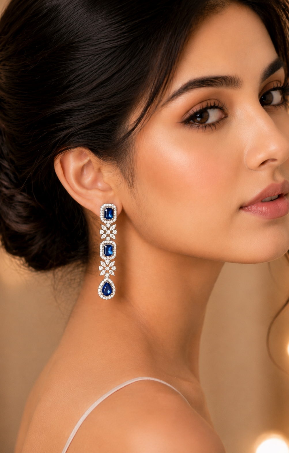 Royal Blue Cubic Zirconia Drop Earrings with Floral Detailing