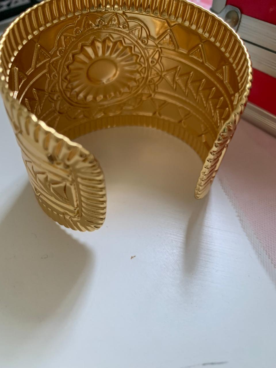 Stainless Steel Wide Gold Cuff  Bohemian Bracelet With An Embossed Medallion Pattern