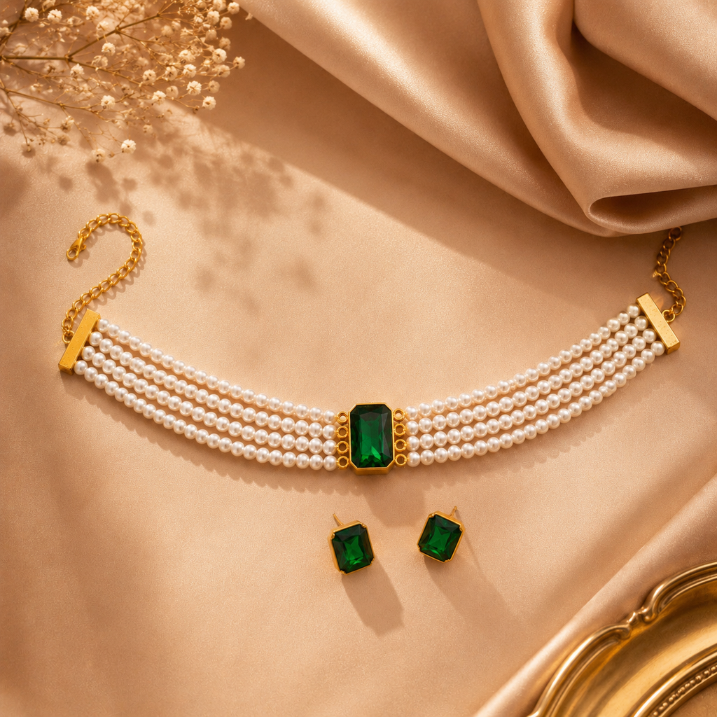 Classic Pearl & Emerald Choker Set