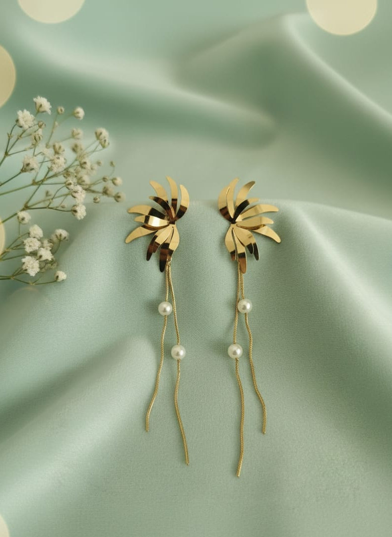 Stainless Steel Lustrous Gold Bloom & Pearl Dangle Earrings
