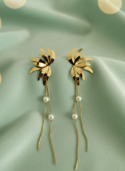 Stainless Steel Lustrous Gold Bloom & Pearl Dangle Earrings