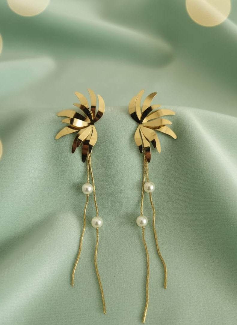 Stainless Steel Lustrous Gold Bloom & Pearl Dangle Earrings
