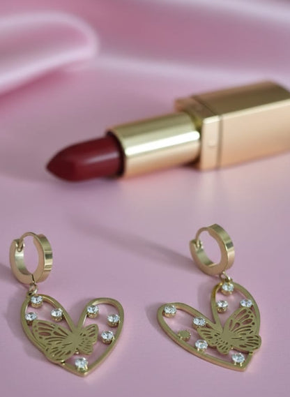Stainless Steel Gold-Toned Heart And Butterfly Hoop Earrings.