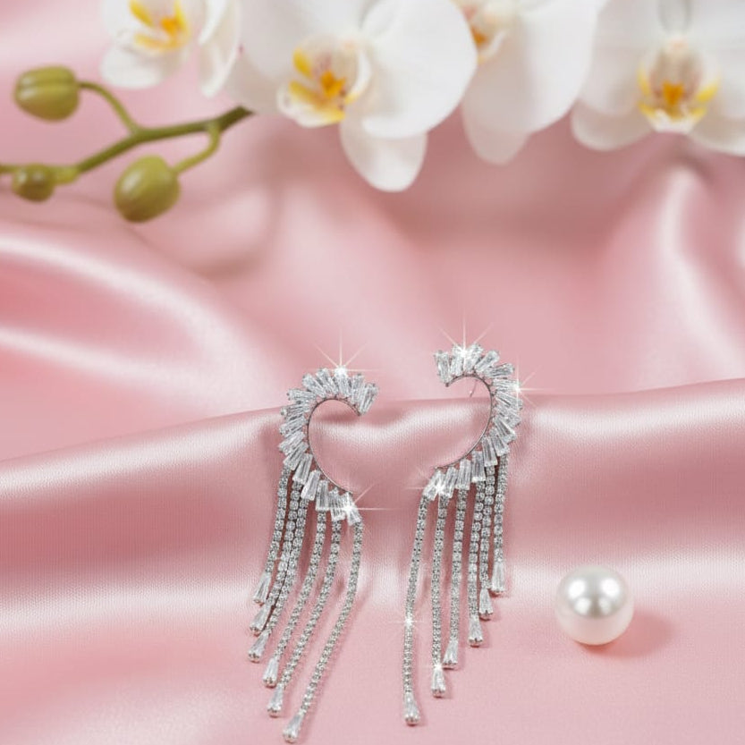 Silver-toned Rhinestone Tassel Drop Earrings.