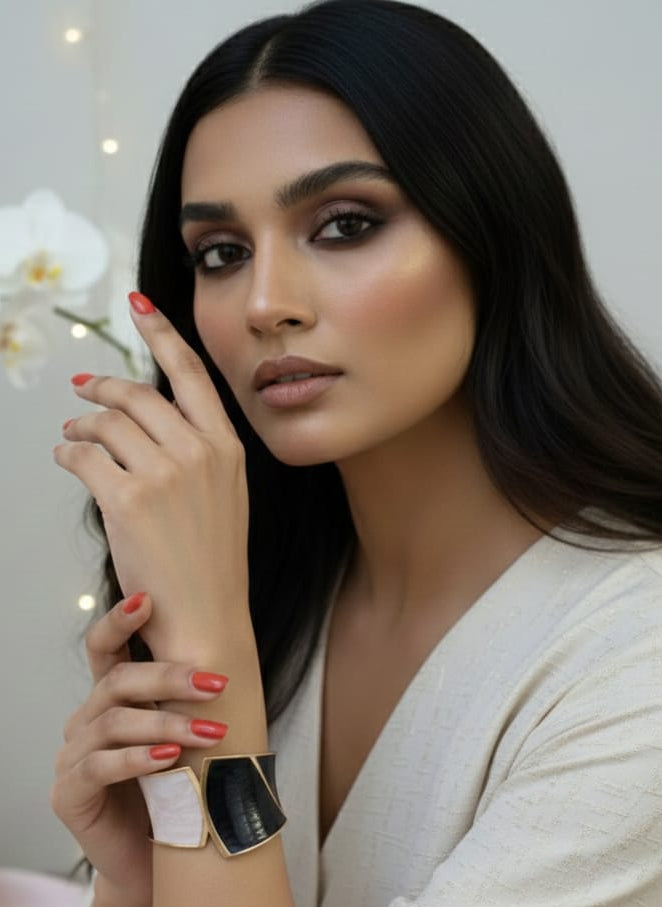 Geometric Asymmetrical Black & White Enamel Gold Cuff Bracelet