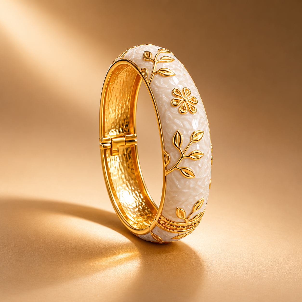 Gold-Tone Floral & Leaf White Enamel Bangle Bracelet