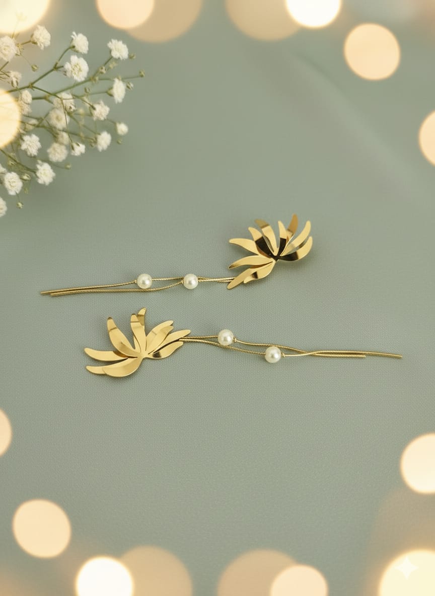 Stainless Steel Lustrous Gold Bloom & Pearl Dangle Earrings
