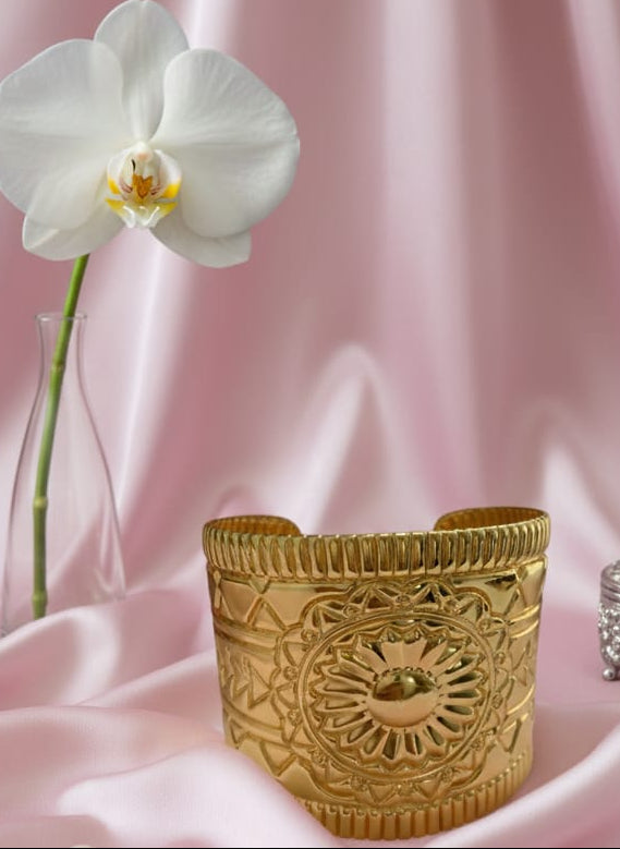 Stainless Steel Wide Gold Cuff  Bohemian Bracelet With An Embossed Medallion Pattern