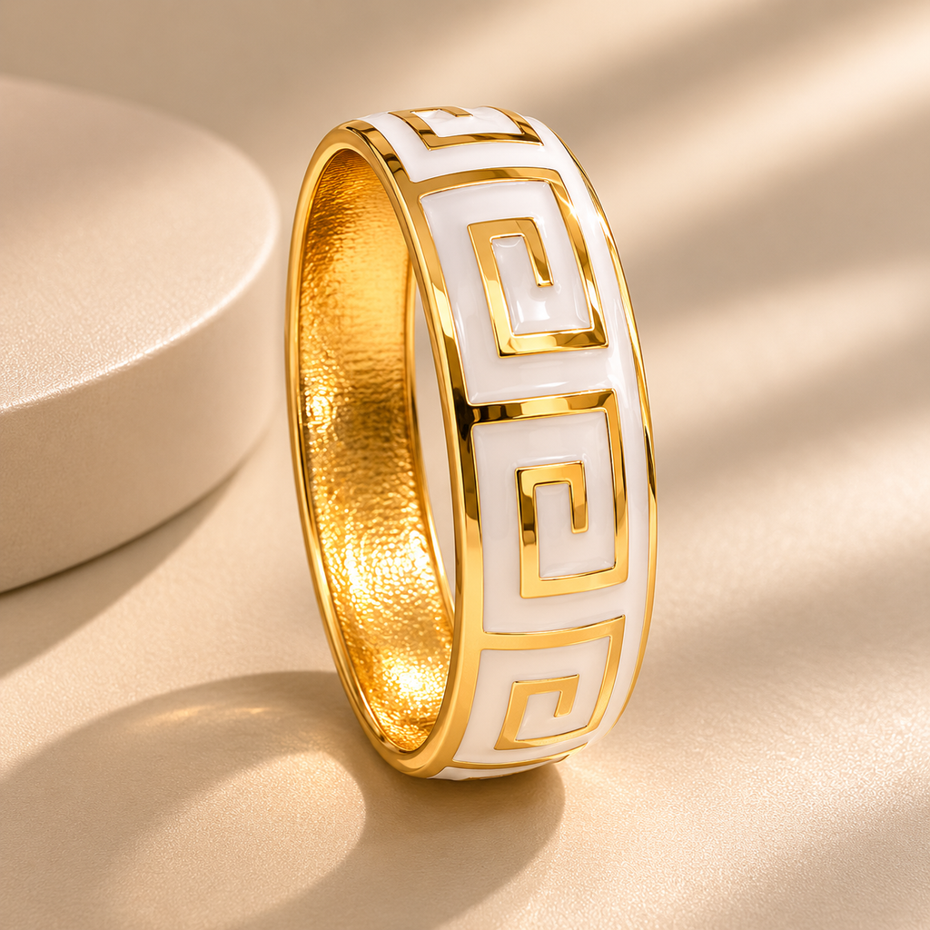 Stainless Steel Gold-Tone Greek Key White Enamel Bangle Bracelet