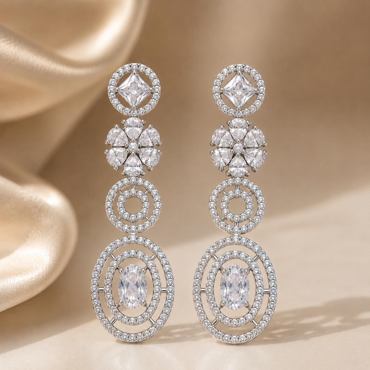 All-White AD Dangle Earrings ( in Rhodium & Mehandi Plating)