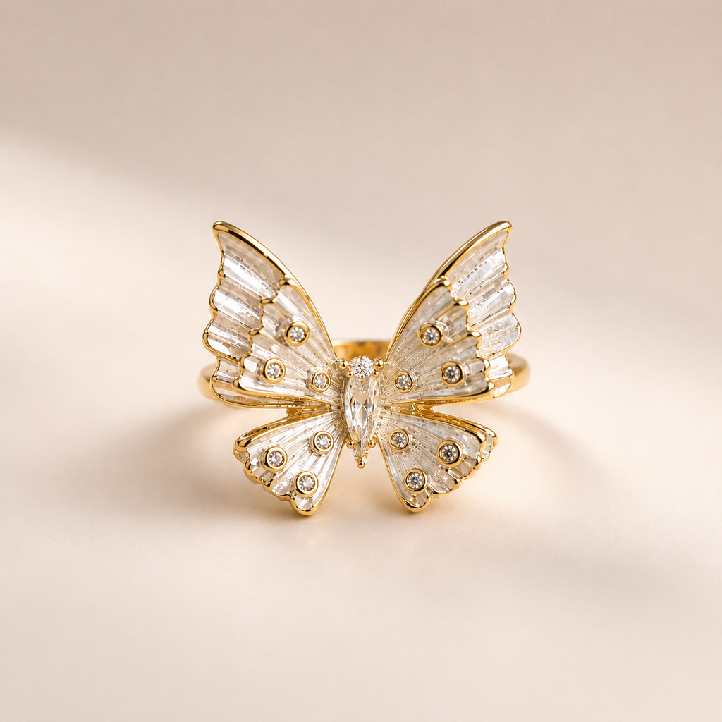Gold Plated Adjustable White Enamel Statement Butterfly Ring