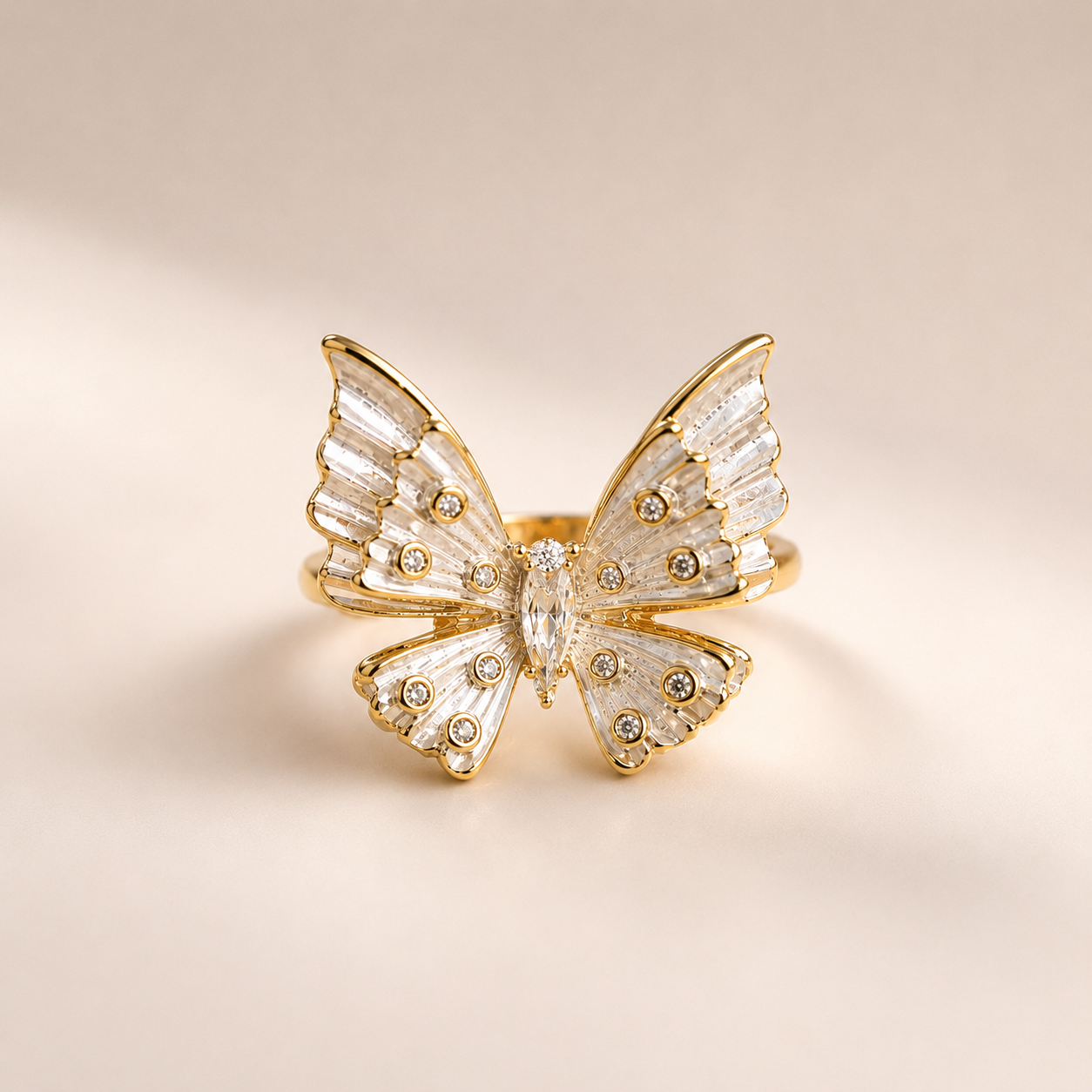 Gold Plated Adjustable White Enamel Statement Butterfly Ring