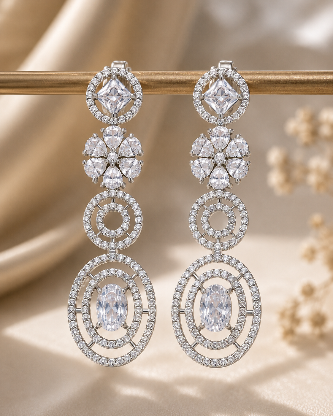 All-White AD Dangle Earrings ( in Rhodium & Mehandi Plating)