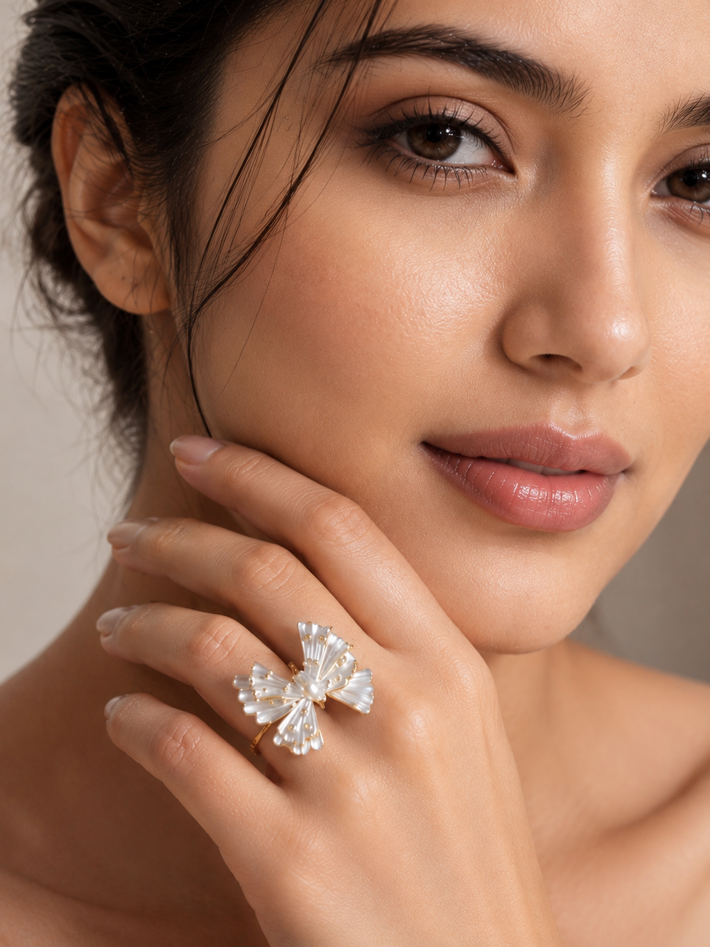 Gold Plated Adjustable White Enamel Statement Butterfly Ring