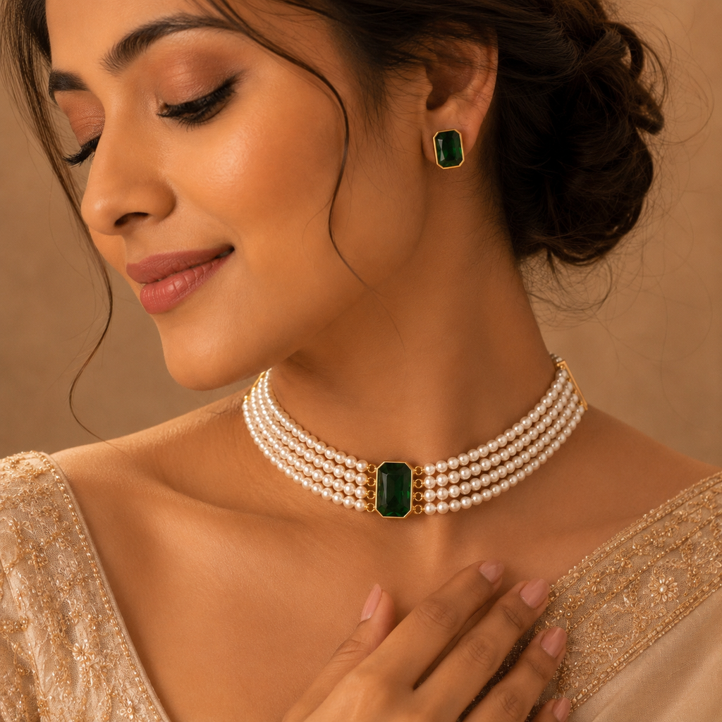 Classic Pearl & Emerald Choker Set