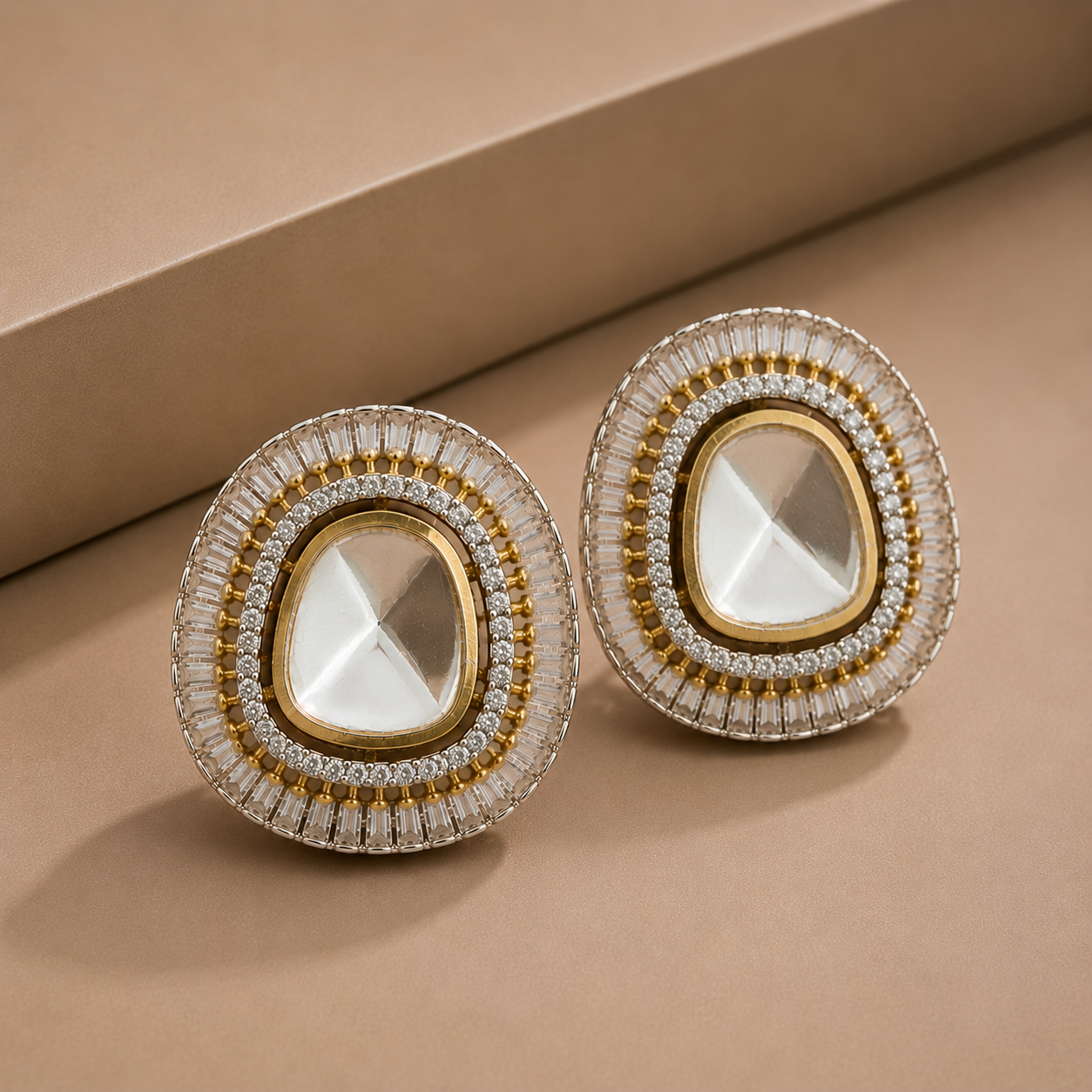 Oversized Moissanite Polki Studs with AD Baguette Outer Border