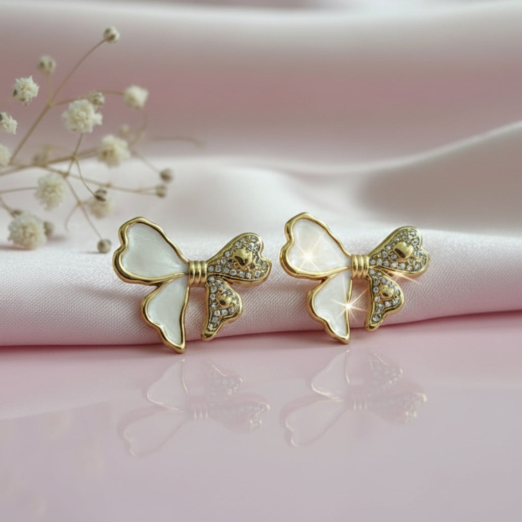 Delicate Enamelled Mini Bow Studs - White