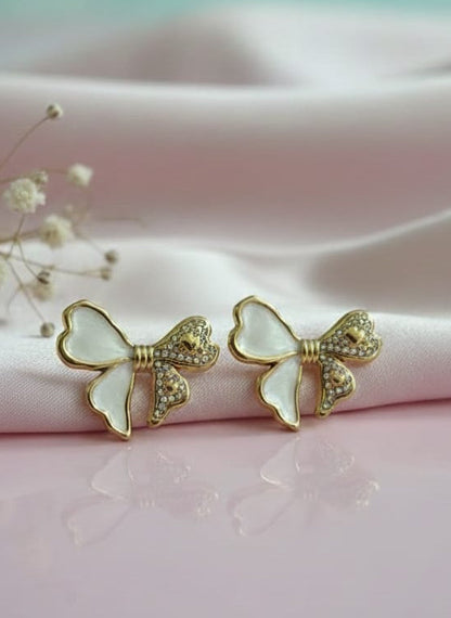 Delicate Enamelled Mini Bow Studs - White