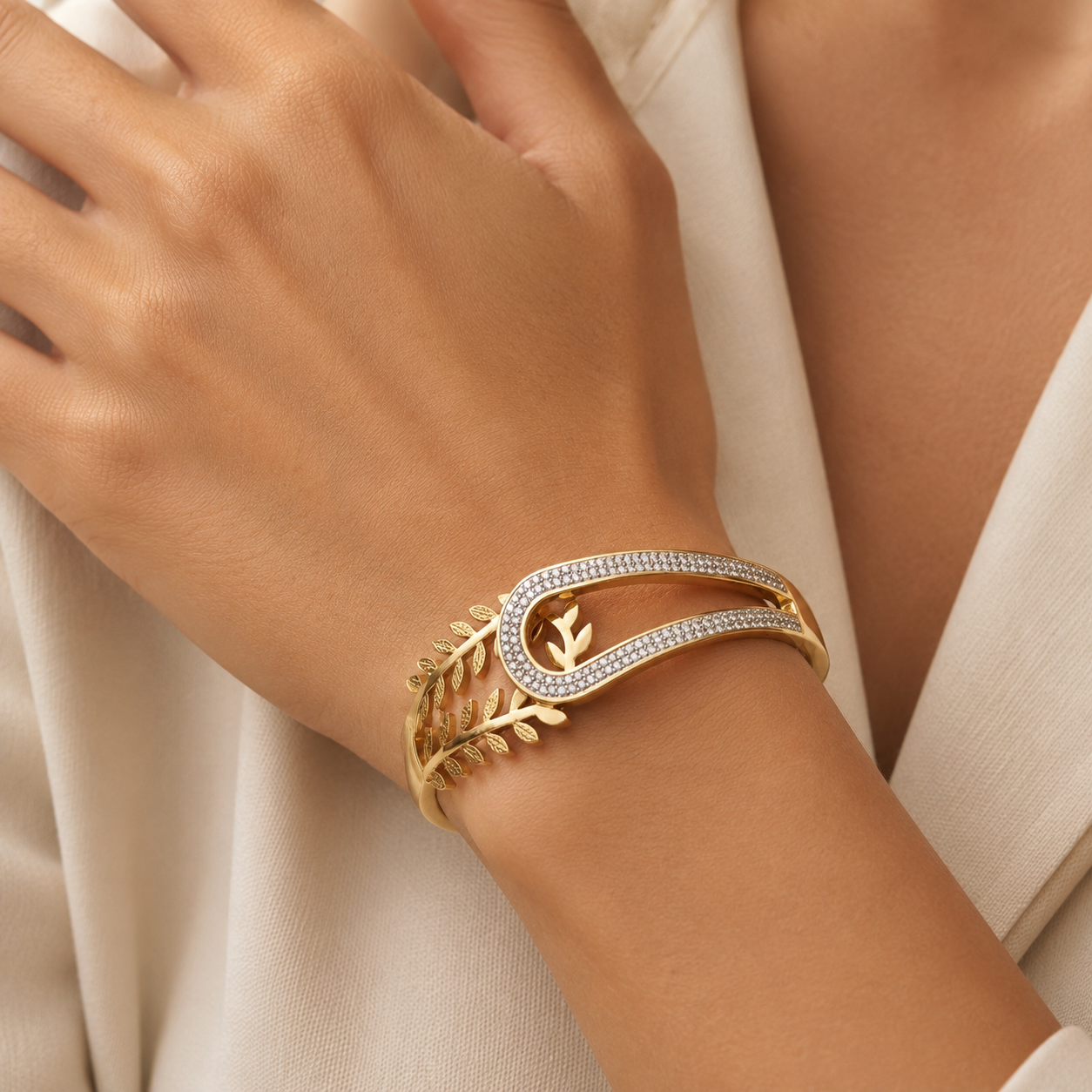 Dual Design Gold-Tone Bangle Bracelet  With A Delicate Leaf Motif and White Stones