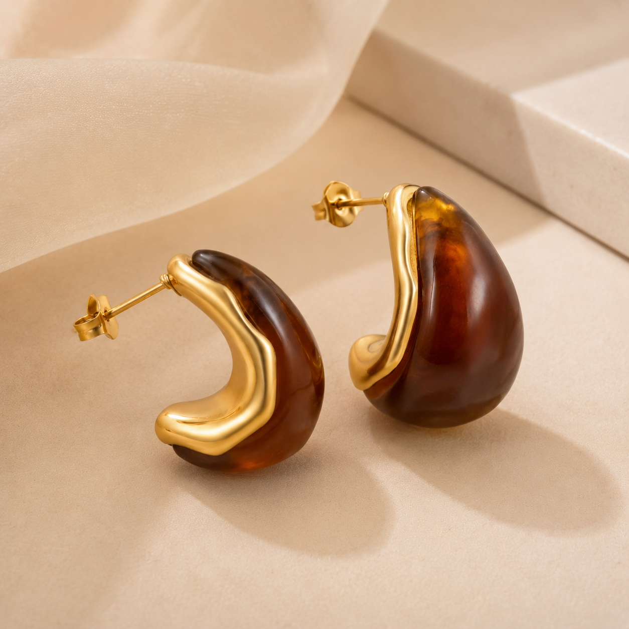 Amber Resin C-Shape Hoop Earrings | Gold Plated | Stainless Steel