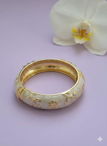 Gold-Tone Floral & Leaf White Enamel Bangle Bracelet