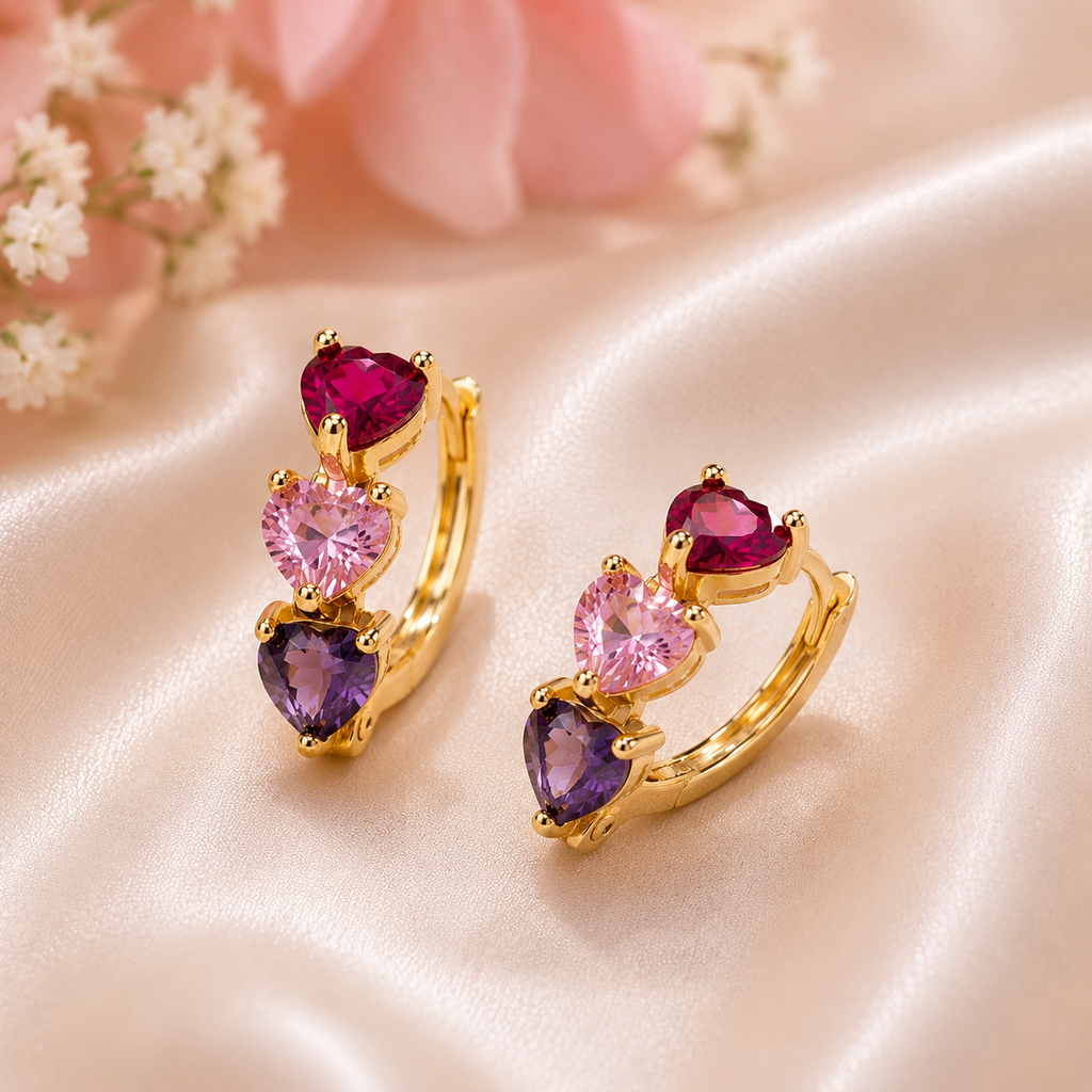 Multi-Color Heart Gemstone Huggie Hoops | Ruby Pink Purple