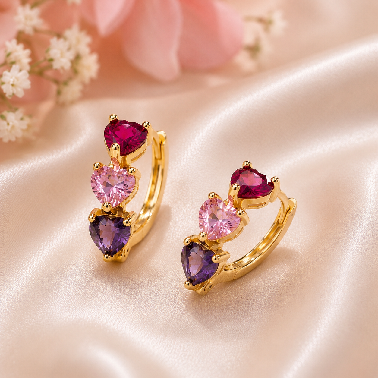 Multi-Color Heart Gemstone Huggie Hoops | Ruby Pink Purple