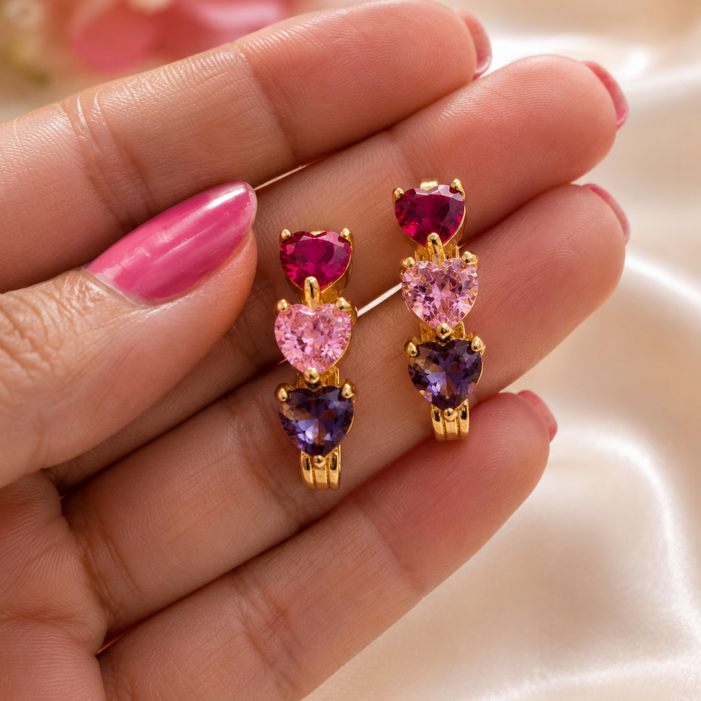 Multi-Color Heart Gemstone Huggie Hoops | Ruby Pink Purple
