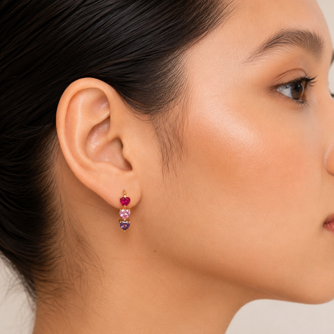 Multi-Color Heart Gemstone Huggie Hoops | Ruby Pink Purple