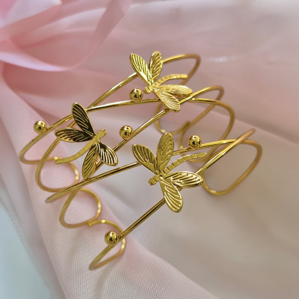 Stainless Steel Gold-Tone Dragonfly Motif Layered Open Cuff Bangle Bracelet