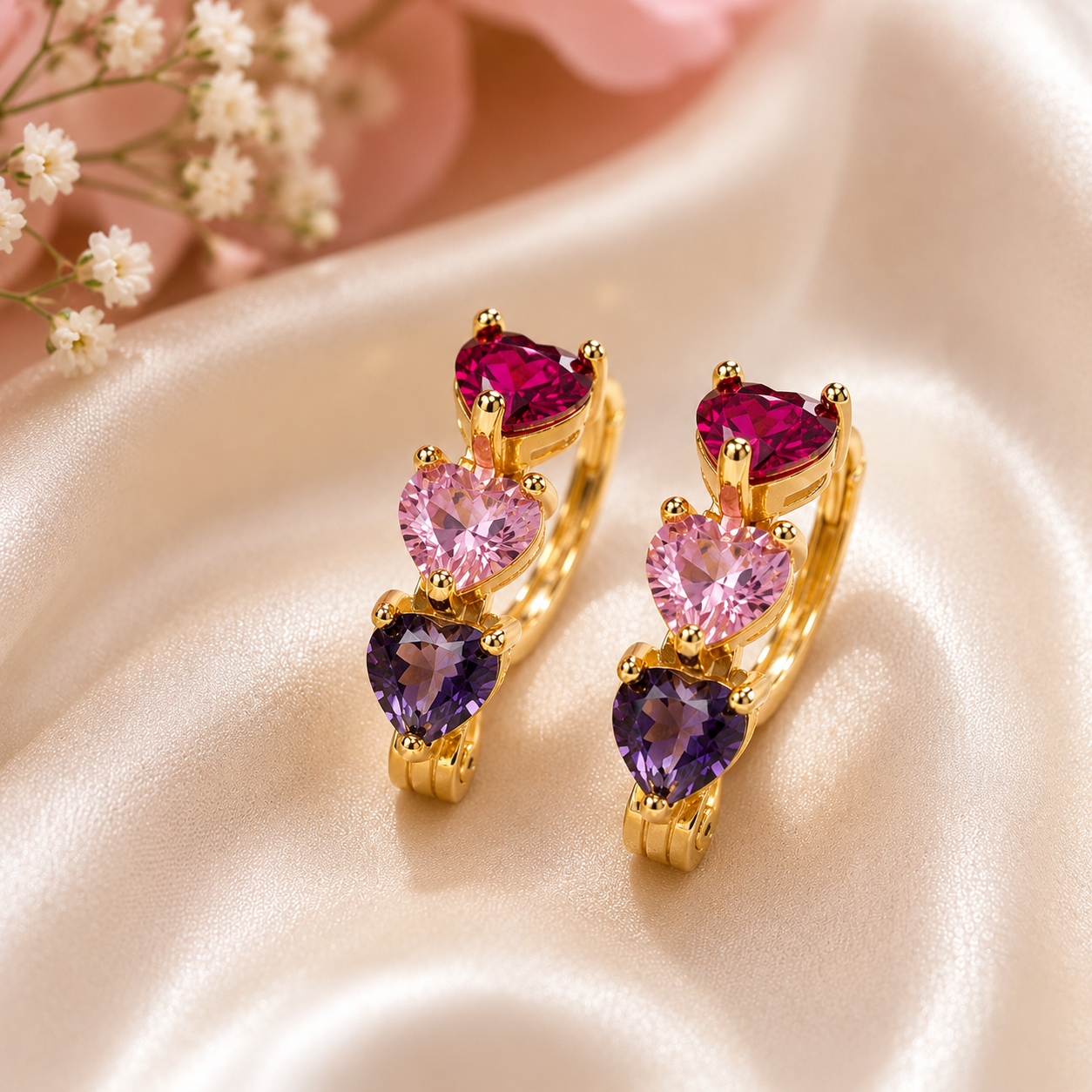 Multi-Color Heart Gemstone Huggie Hoops | Ruby Pink Purple