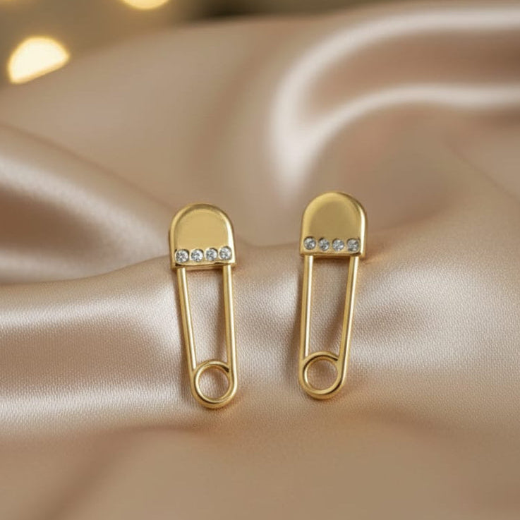 Chic Pave CZ Gold-Plated Safety Pin Earrings